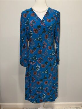 Remade L Blue floral long sleeve belted wrap dress